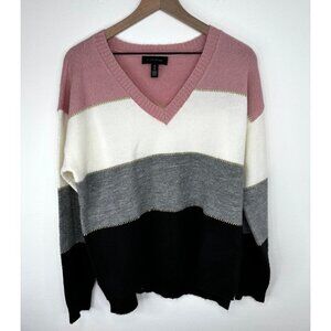 Halston Women Colorblock Stripe V-Neck Pullover Sweater Size Medium Gold Shimmer